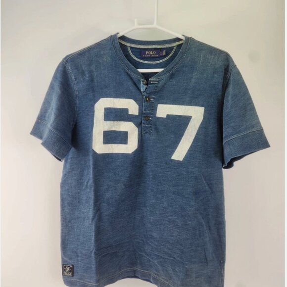 Polo Ralph Lauren Mens Blue Pullover 1/4 Button Short Sleeve 67 Logo Shirt Sz L - Picture 1 of 5